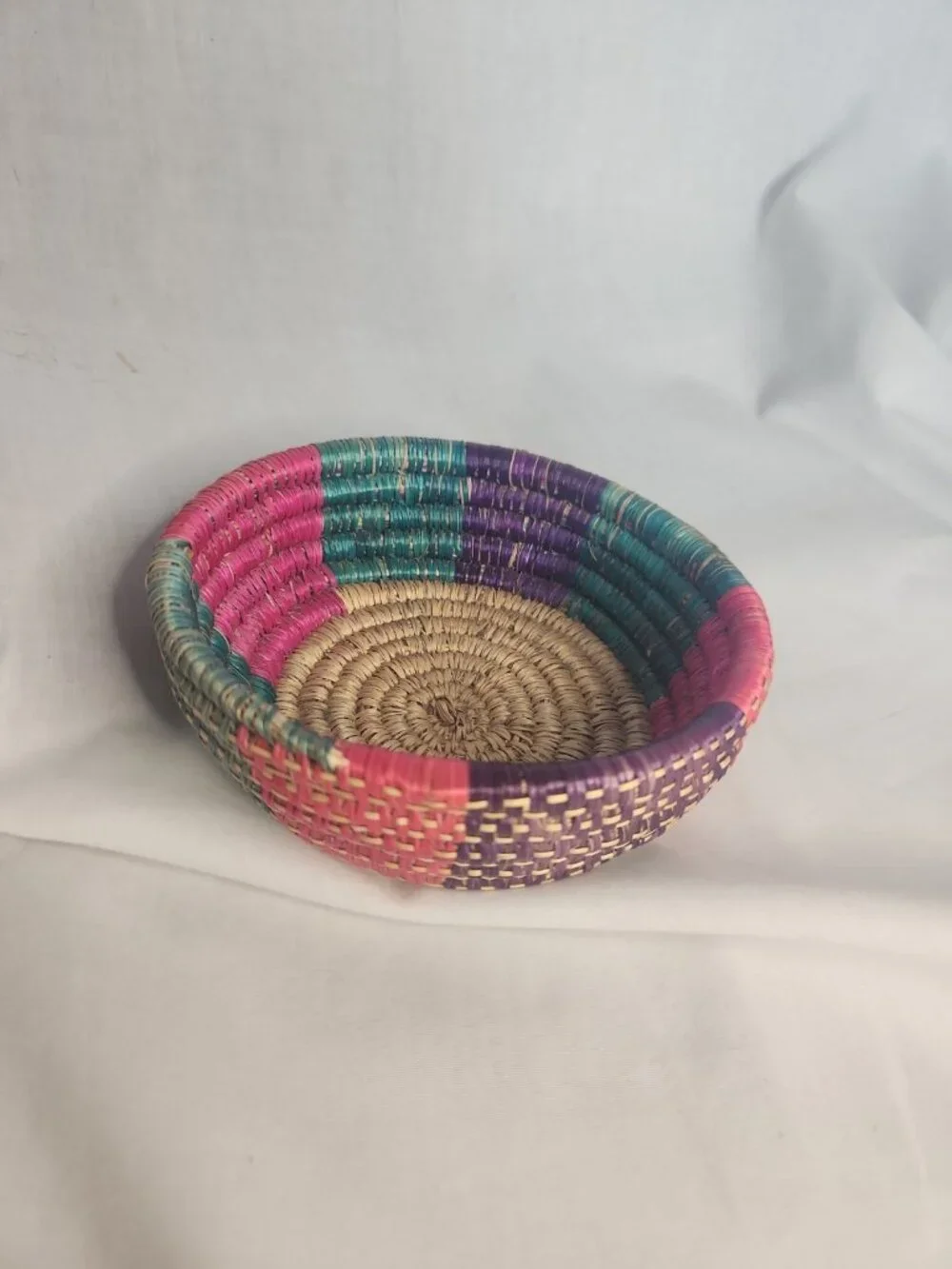 Handcrafted Round Basket Bolga Style Pink Purple Teal Keys Jewelry Trinkets